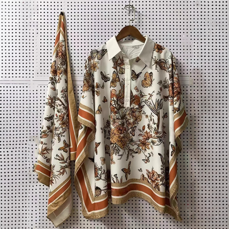 Cross-border Foreign Trade Women's Retro Color Matching Butterfly Printed Lapel Pullover Shirt Fashionable All-match Loose Straight Shirt Cross-border Foreign Trade Women's Retro Color Matching Butterfly Printed Lapel Pullover Shirt Fashionable All-match Loose Straight Shirt