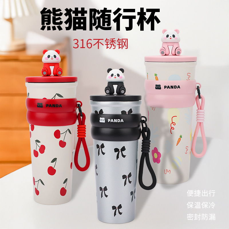 Vaso de agua creativo con pajita, vaso aislado, alto valor estético, gran capacidad, vaso de viaje con diseño de panda, acero inoxidable 304, diseño de dibujos animados portátil.