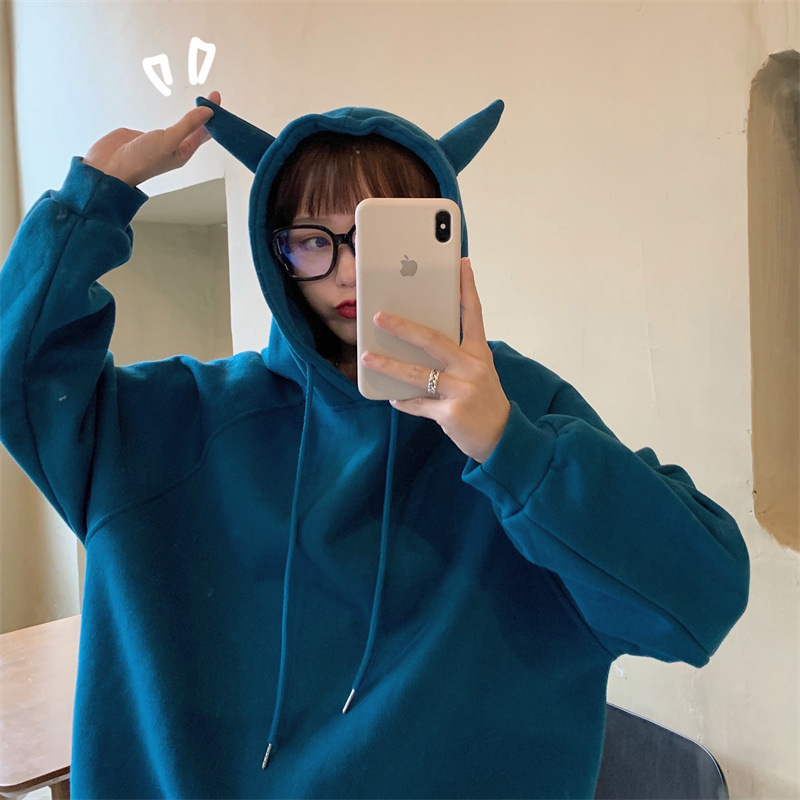 2023 new style fried street unicorn loose student clothes girlfriends clothes peacock blue fleece-lined hoodie trendy ins autumn