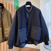 2025春秋新款韩版百搭大口袋宽松显瘦菱格立领棒球服棉服外套女潮