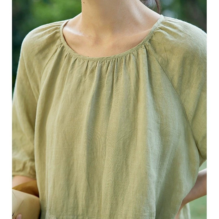 2025 Spring and Summer New Style 100% Linen Dress Mid-Length Round Neck Short-Sleeved Simple Casual Skirt Women's Clothing 2025 Spring and Summer New Style 100% Linen Dress Mid-Length Round Neck Short-Sleeved Simple Casual Skirt Women's Clothing