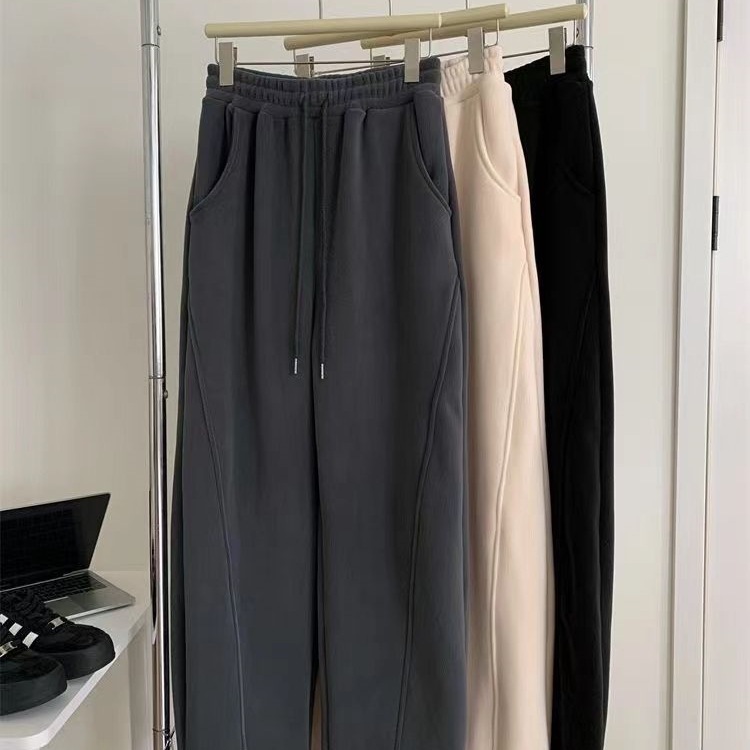 Plus Size Women's American Retro Banana Pants, Loose Wide-Leg Pants with Fleece, Warm Patchwork Straight Casual Pants for Autumn and Winter