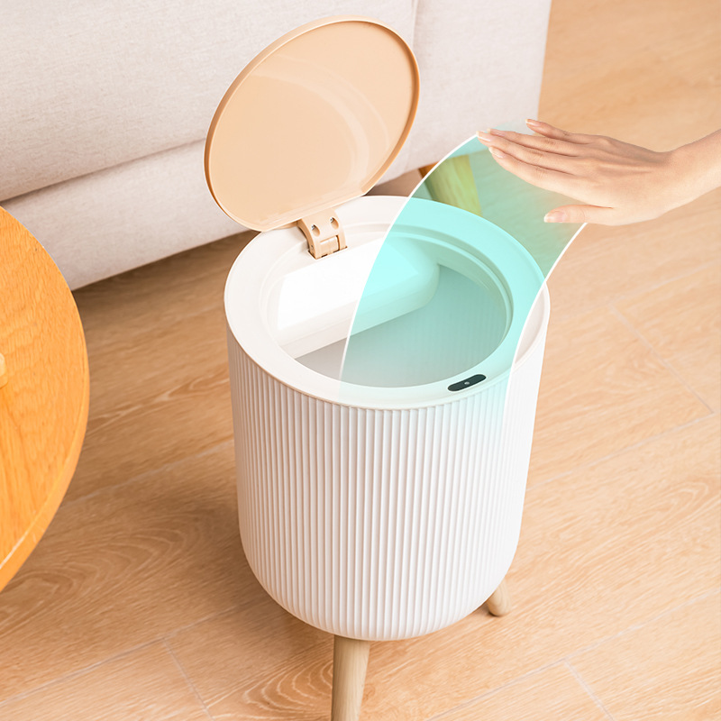 High-Legged Wood-Grain Trash Can for Living Room, Bedroom, Hotel, Large-Capacity Plastic Storage Bin, Touch-Free Sensor, Bedroom Bedside Table