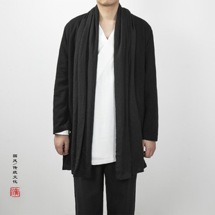 2024 spring new Chinese style men's mid-length trench coat men's cotton linen scarf collar cardigan Hanfu coat