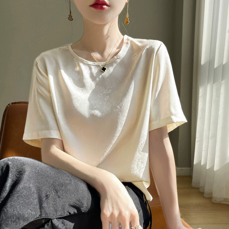 Женская рубашка с короткими рукавами, новая женская рубашка в китайском стиле в национальном стиле из шелкового атласа с короткими рукавами, женская летняя высококачественная жаккардовая рубашка с круглым вырезом