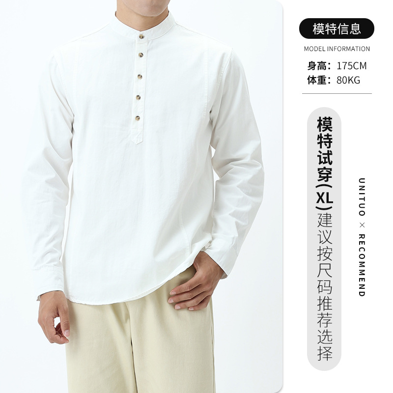 Nueva camisa de algodón chino de alta calidad Waffle Henry cuello camiseta de manga larga camiseta de hombre camiseta de base casual