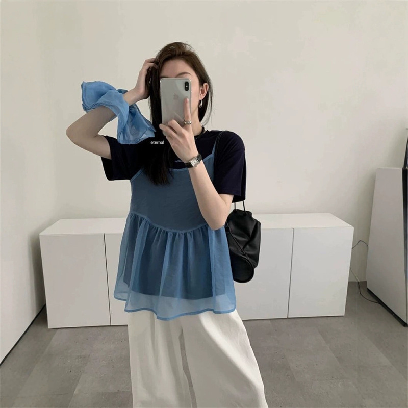 Korean Sweet Layered Organza Camisole Printed Short-Sleeved Layered Camisole Candy-Colored Vest for Women