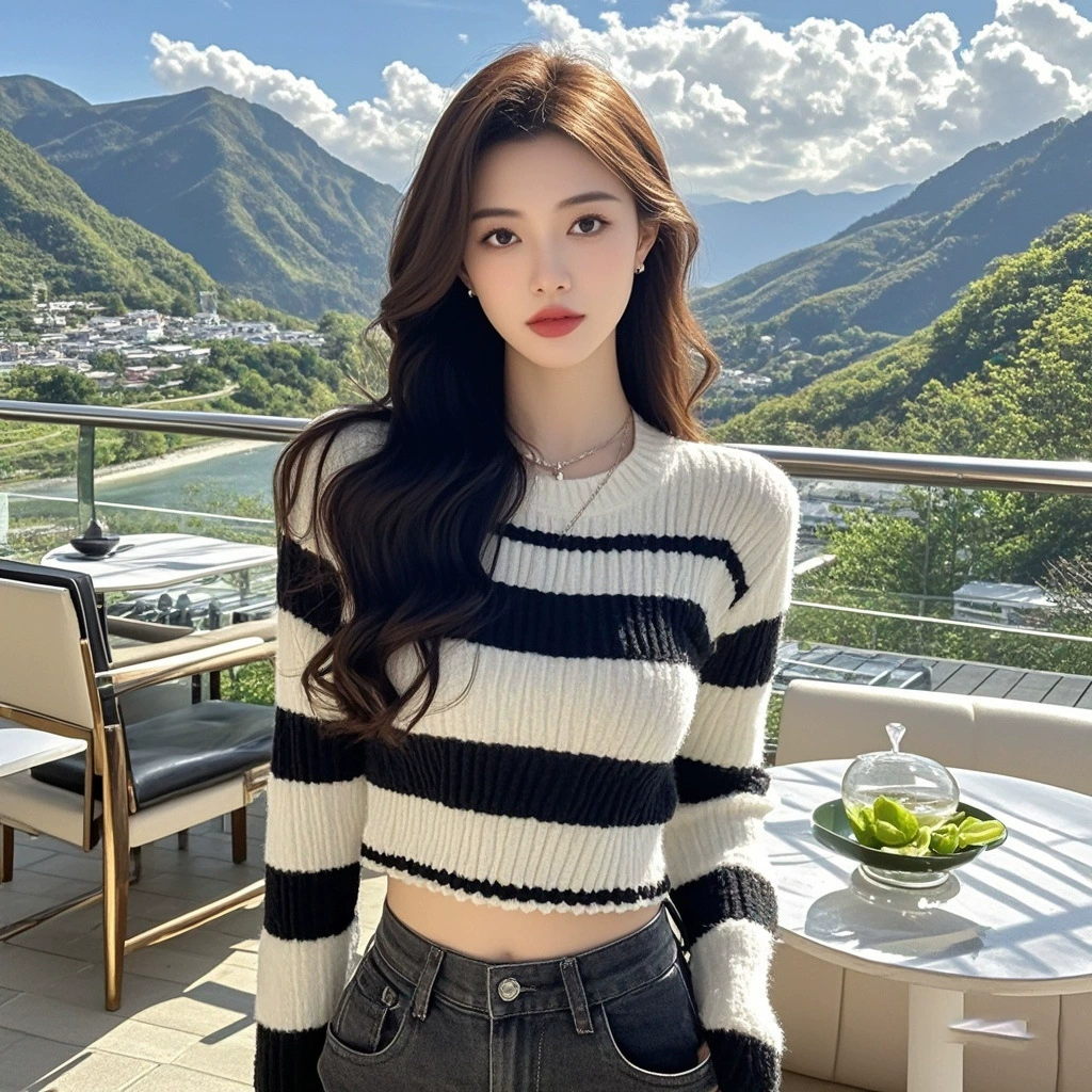 Полосатый контрастный цвет дизайн трикотажный свитер женский осенний новый маленький человек с чистым круглым вырезом с длинными рукавами темпераментный короткий топ