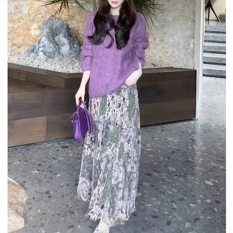 韩系早秋穿搭上衣葡萄紫色慵懒风马海毛毛衣女小个子高级感针织衫|undefined
