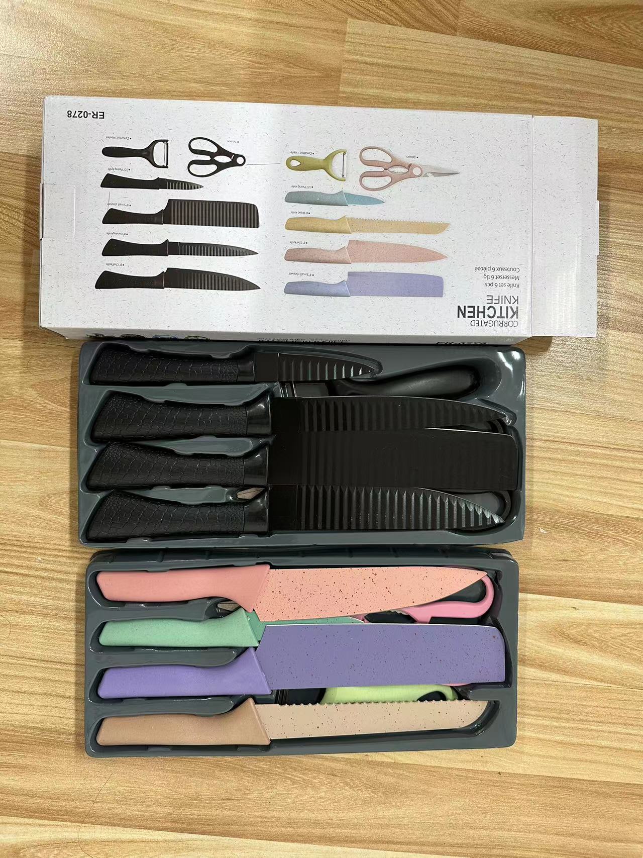 En stock transfronteriza Venta caliente al por mayor cuchillo corrugado antiadherente 238A onda negra patrón de onda negra cuchillo de seis piezas conjunto traje