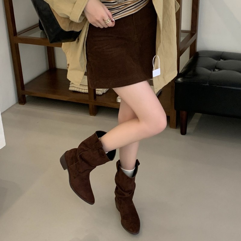 美拉德复古堆堆靴女2025新款秋季小个子马丁靴粗跟西部牛仔短靴女|undefined