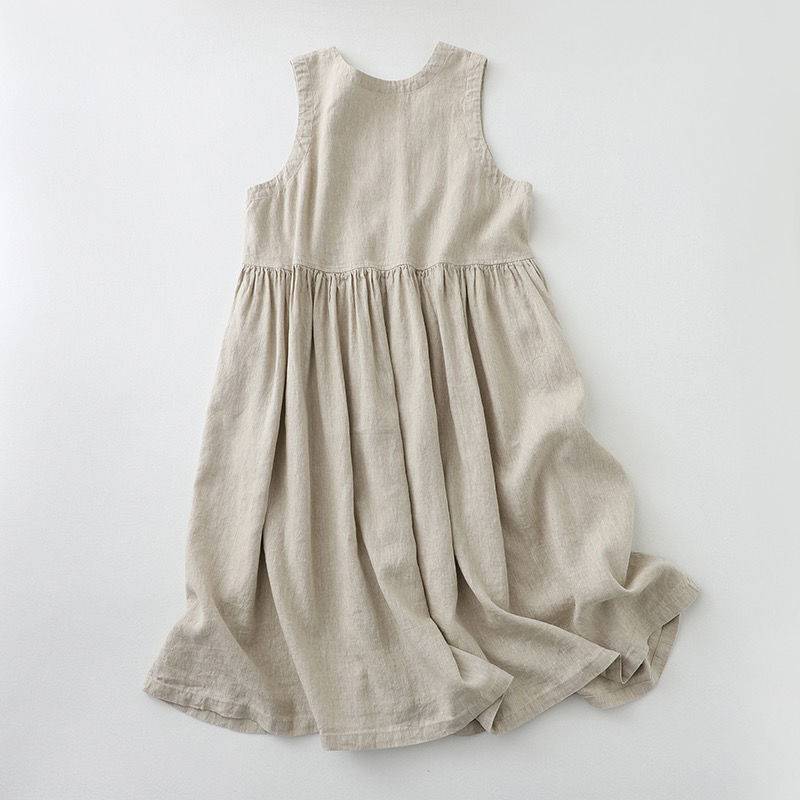 Japanese-Style Simple Solid Color Linen Tank Dress for Women, Summer Loose Plus Size, Tummy-Concealing, Slimming, Age-Reducing Cotton-Linen Sleeveless Dress
