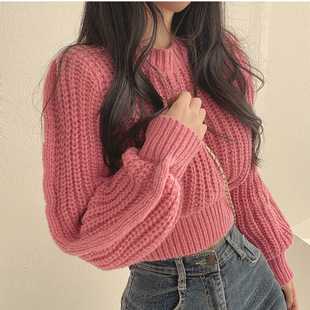 K-Style of 2025 New Age-Reducing Pink Puff Sleeve Soft Waxy Sweater for Women in Autumn and Winter Fashionable Royal Sister Style Loose Pullover