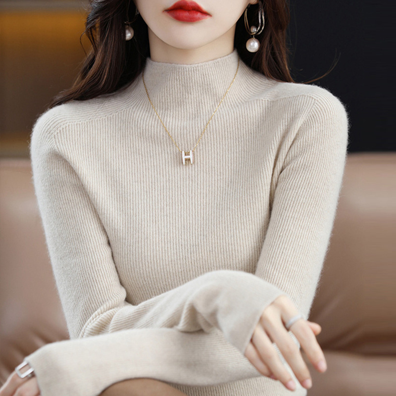 Cashmere Sweater for Women, Half-Turtleneck Base Layer, New Autumn and Winter Slim-Fit Knit Inner Top, Solid Color, Thickened