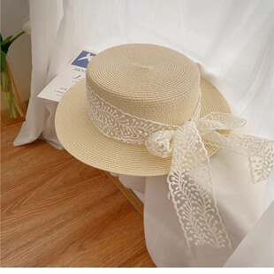Japanese Style Fresh Style Pastoral Style Fashionable All-match Flat Top Lace Sunshade Hat Women's Straw Weaving Travel Sun Hat Sunscreen
