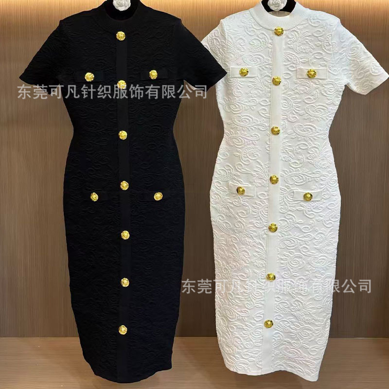 Balmain knitted round-neck short-sleeve dress, elegant ladylike style with metal buttons, slimming dress for women Balmain knitted round-neck short-sleeve dress, elegant ladylike style with metal buttons, slimming dress for women