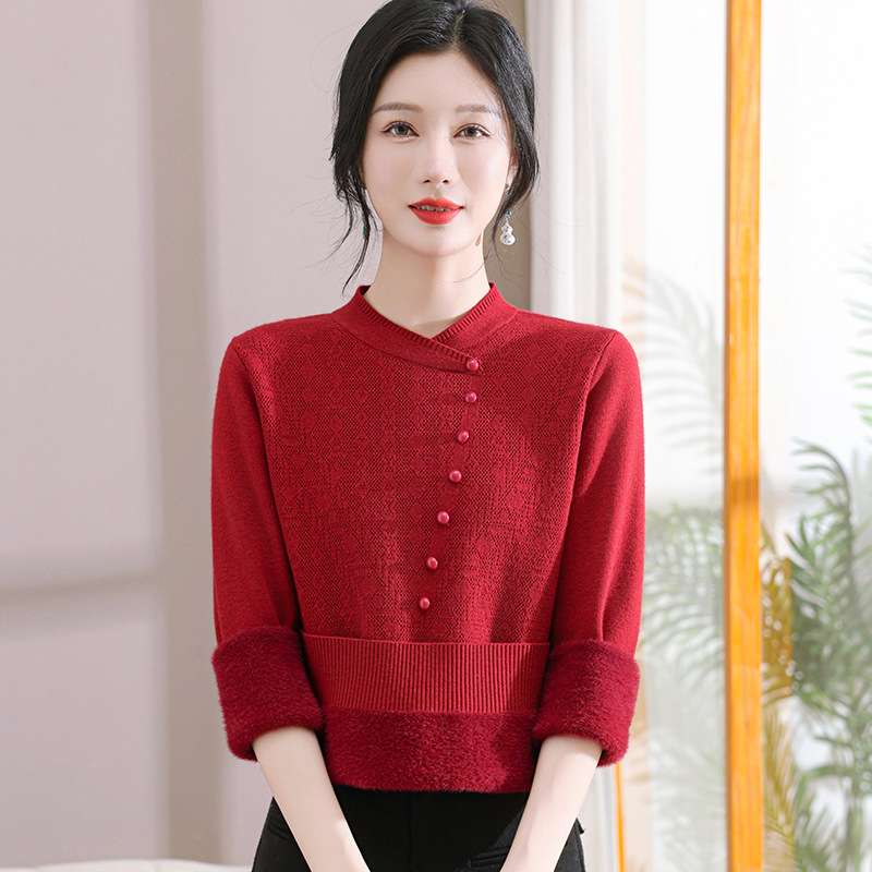 2024新款加绒加厚针织衫毛衣秋冬保暖打底衫时尚圆领风妈妈装，女装卫衣/绒衫，妃慕昵服饰