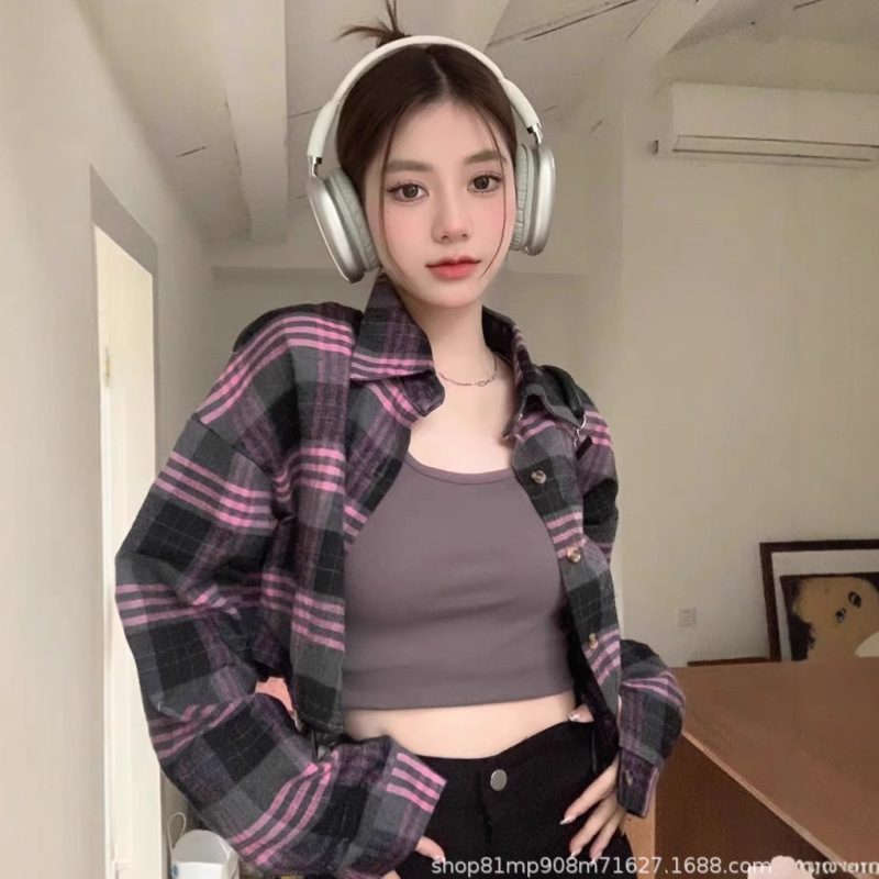 American-Style Short Plaid Embroidered Long-Sleeved Shirt for Women in Autumn, Loose-Fitting, Sexy, High-Waisted Cardigan Jacket Top