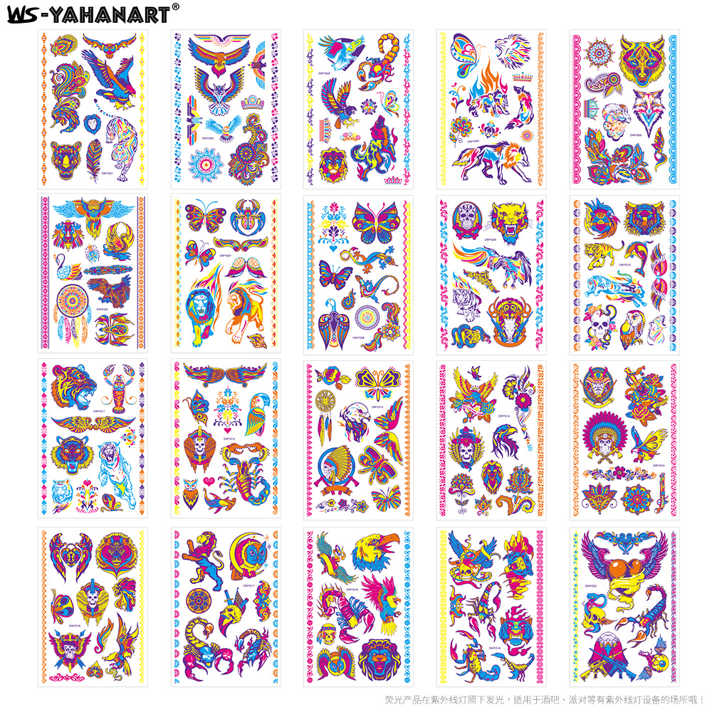 Búho animal de Halloween fluorescente flor brazo tatuaje pegatinas soporte creativo cuerpo color fluorescente brazo transferencia de agua pegatinas