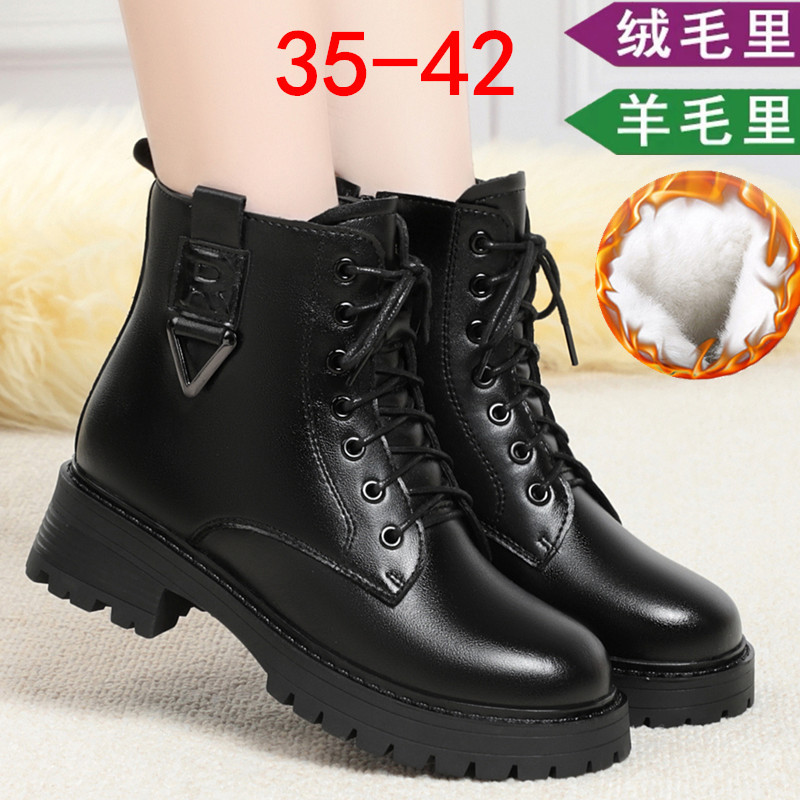 新款冬加绒女士皮鞋棉鞋女软皮妈妈短靴粗跟中跟雪地靴羊毛女靴子