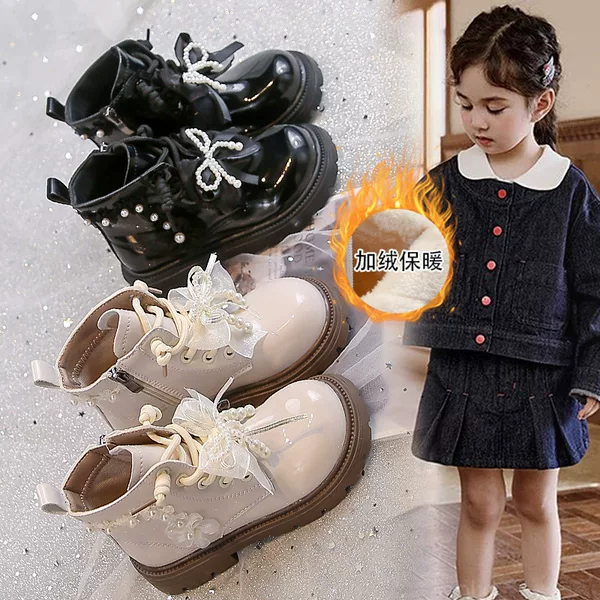 Children's Pure Color Cotton Boots 2026 Autumn and Winter New Style Fleece-Lined Girls' Pearl Flower Bow Non-Slip Warm Boots