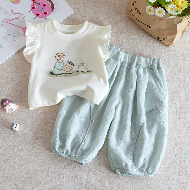 Girls 2025 New Style Comfortable and Cute Flying Sleeve T-Shirt Baby Girl Bow Bloomers Two-Piece Suit