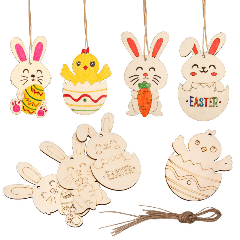 Easter Wood Slice Decoration Hanging Ornaments DIY Party Wooden Christmas Decorations Wooden Rabbit and Egg Hanging Decorations
