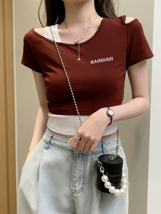 Fake Two-Piece Off-Shoulder Short-Sleeved T-Shirt for Women in Summer Design Niche Sexy Slim High-Waisted Navel-Baring Short Top Ins
