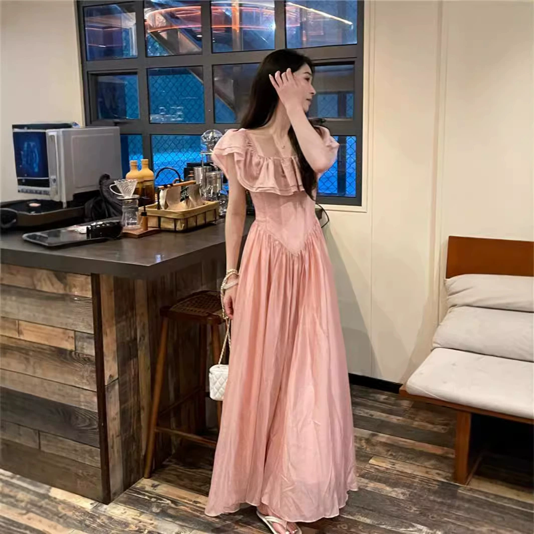 Новое летнее платье для женщин больших размеров во французском стиле, элегантное платье для чаепития, винтажное длинное платье с открытыми плечами, стройнящее фигуру, для пышных женщин.