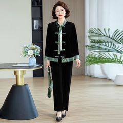 中年妈妈套装金丝绒春秋秋装洋气新款两件套外套中老年女装上衣女