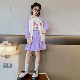 三件套女童运动休闲棒球服套装秋季新款时髦洋气中大童春秋百褶裙