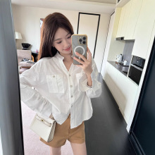 实拍天然棉白色口袋衬衫套装女高腰显瘦短裤韩版女装2025夏季新款