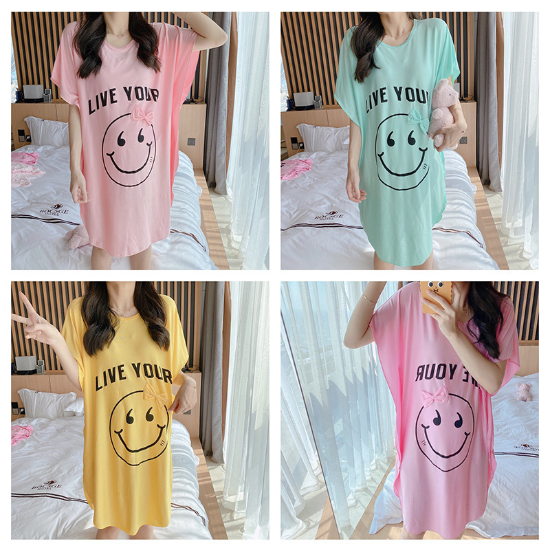 Summer New Women's Short-sleeved Mid-length Soft Thin Milk Silk Translucent Pajamas Multicolor Cartoon Printed Nightgown Summer New Women's Short-sleeved Mid-length Soft Thin Milk Silk Translucent Pajamas Multicolor Cartoon Printed Nightgown