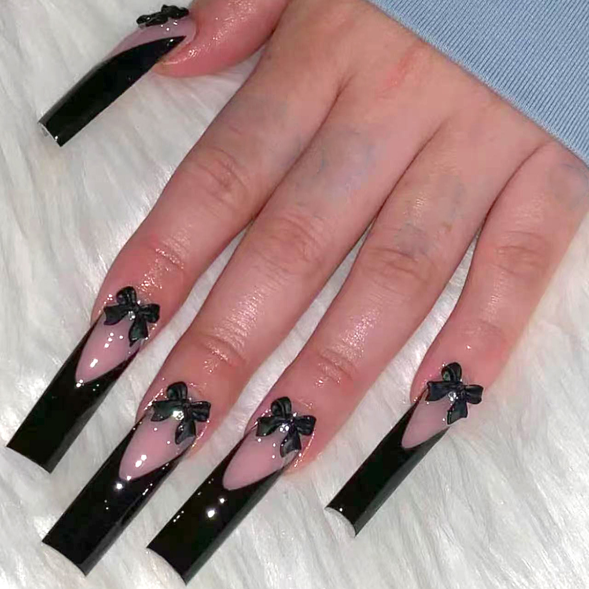 Cross-border ultra-long black French bow Europe and the United States wear nail pieces ins sweet cool wearable nail pieces wholesale
