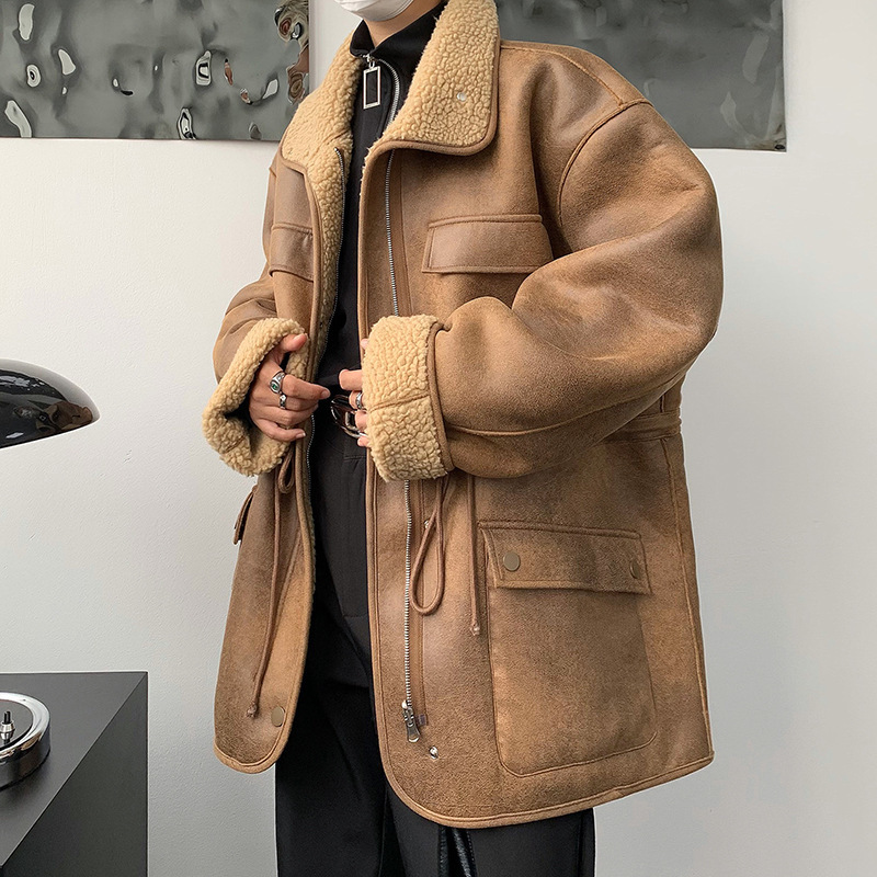 23 Autumn/Winter Men's Gold-Embossed Leather Trendy One-Piece Melard Color Series Workwear Jacket Cotton Coat Off-Season New Model