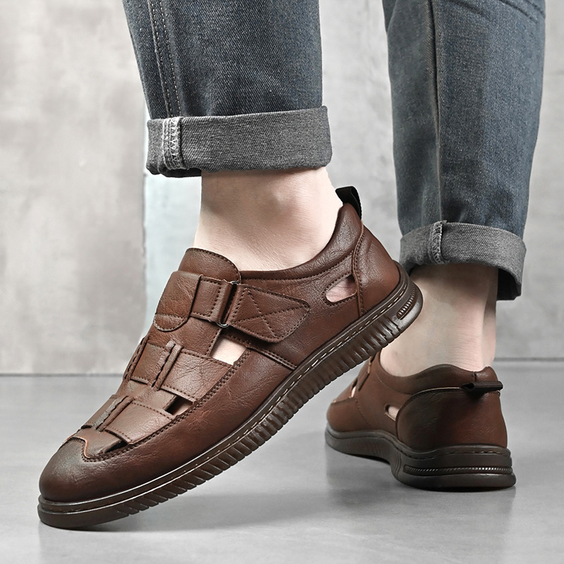 Men's Leather Sandals With Breathable Hollow Design For Summer_voghion.com