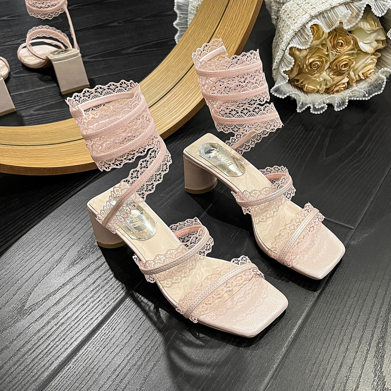 One-word High Heel Sandals Women's Thick Heel Wrapped Lace Edge Fairy Style Sandals Summer 2025 New Arrival All-match Outer Wear