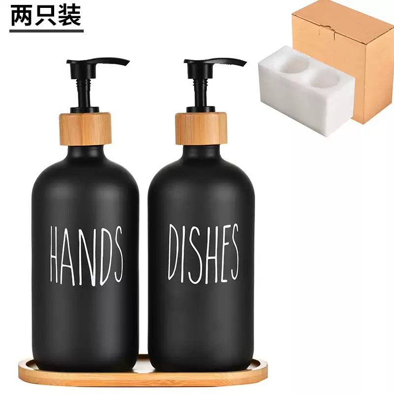 Bomba de desinfectante de manos Amazon Glass Boston botella de dispensador de jabón con tapa de madera en blanco y negro botella de champú 500ml