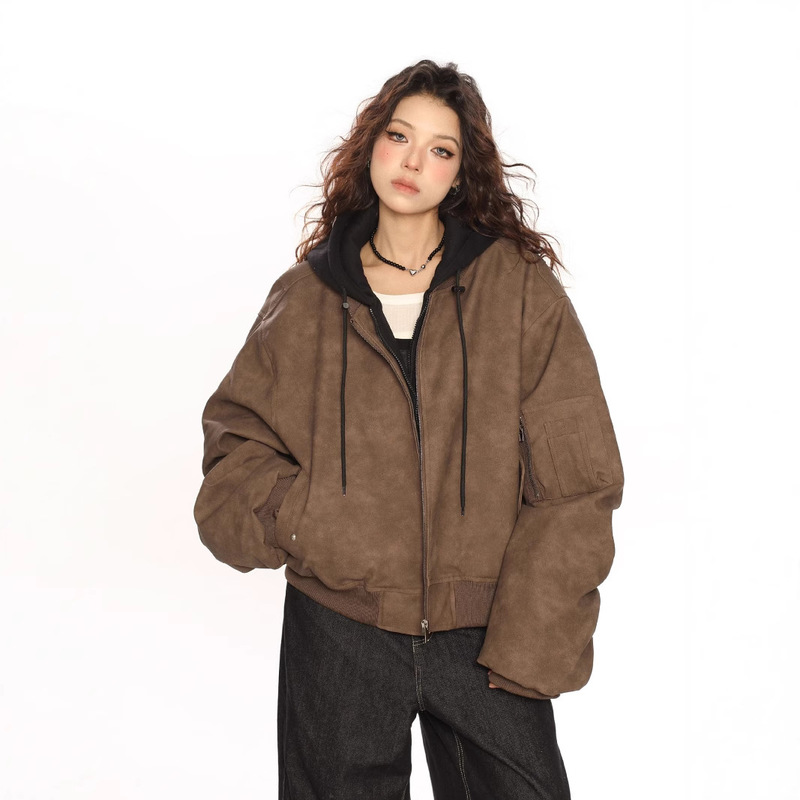 欧米のヒップホップの二重の偽の2つの帽子の革のジャケットの上着の女性の春秋のoversizeのごろつきの帥の百合の飛行服|undefined