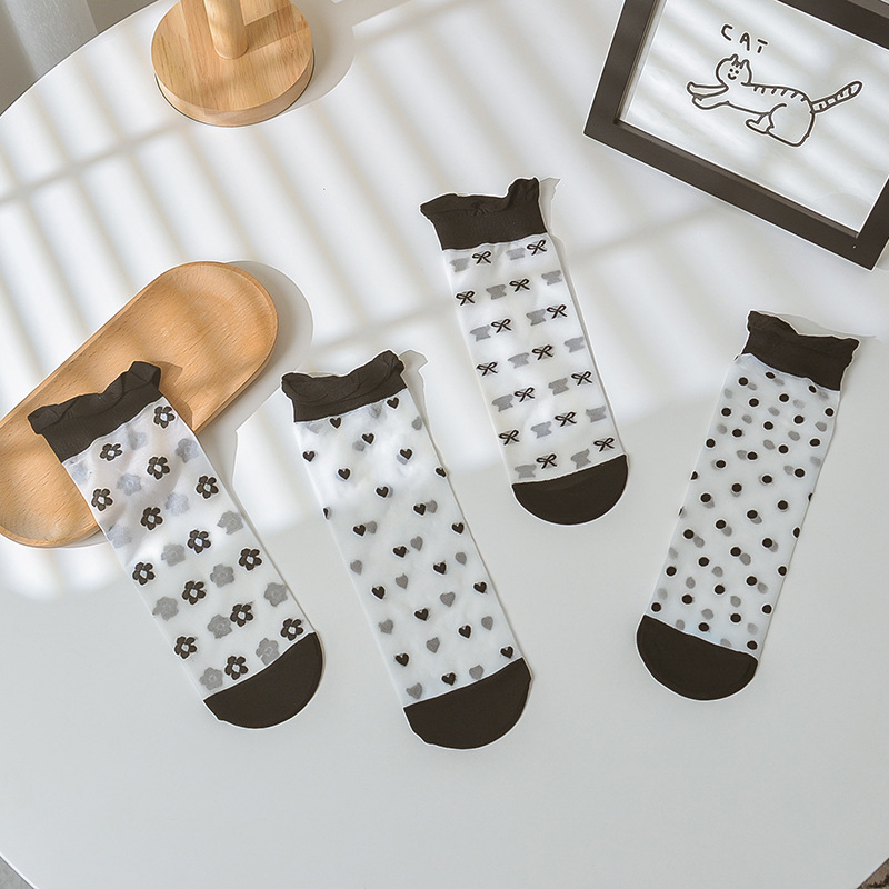 Black Socks for Women, Mid-Calf Length, Thin Style, Japanese Floral Pattern, Glass Silk Lace, Breathable, Long Socks, Fresh Style