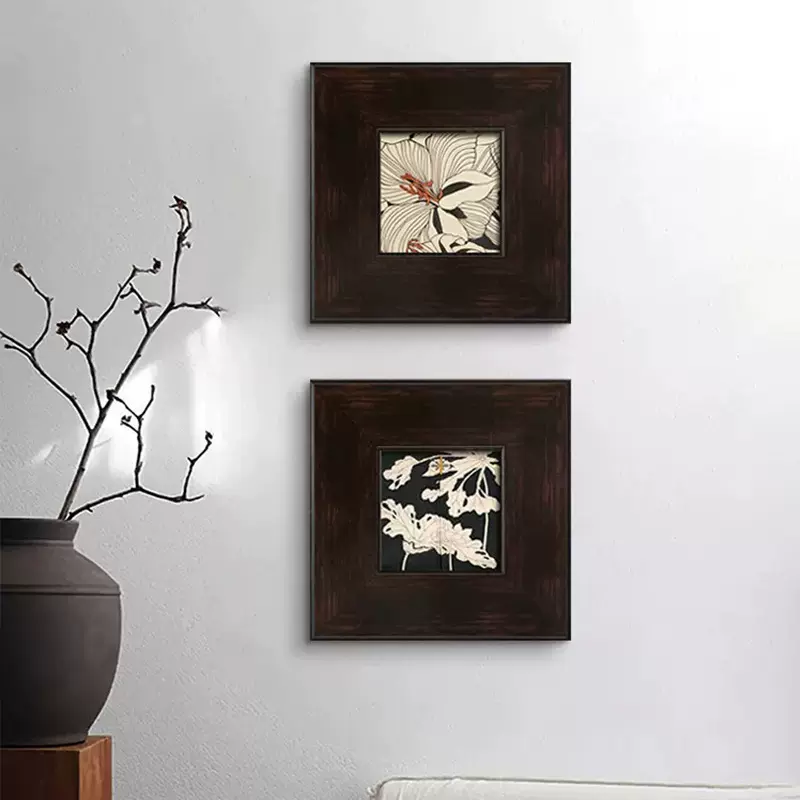 侘寂风现代中古小挂画客厅轻法式复古艺术装饰画玄关黑白花卉壁画