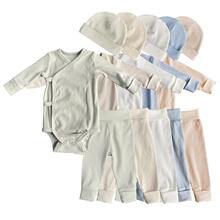 跨境新生儿侧开哈衣裤子帽子三件套外贸螺纹坑条baby rompers set