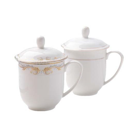 Custom gold-edged conference ceramic cups with lids for hotels, inns, guest rooms, offices, and meetings