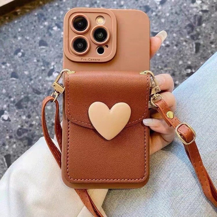 Niche Heart Card Holder Suitable for Iphone16Promax Mobile Phone Case Apple 17/14 Crossbody Lanyard 13/11 Female