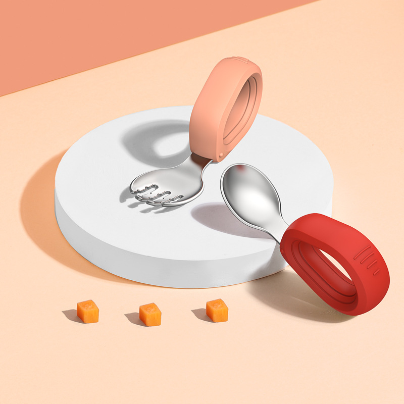 304 de acero inoxidable 316 bebé cuchara Tenedor de silicona mango corto cuchara Tenedor traje jardín de infantes auto-comer