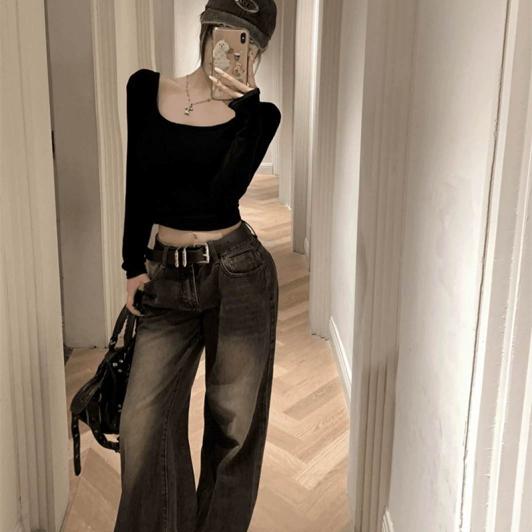 Горячая девушка сексуальная дикая роса с обтягающей спиной рубашка с длинными рукавами женская весна и лето черный нижний топ