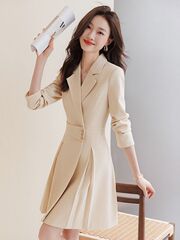 ファッション職業服ワンピース女性秋新作デザイン感長袖小黒スカート気質女神範杏色スカート