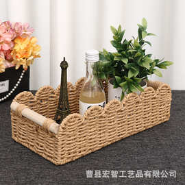 现货跨境手工编织仿藤收纳筐 桌面木把手玩具零食化妆品收纳筐