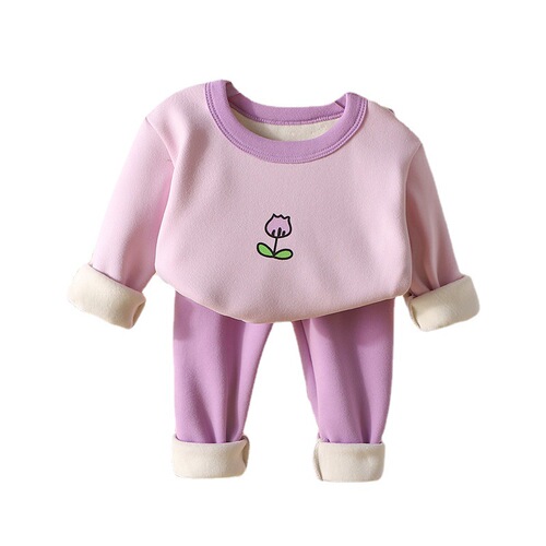 Autumn and winter children's velvet autumn clothes and long trousers for boys and girls, low-collar warm and medium-sized children's color matching velvet thermal underwear set