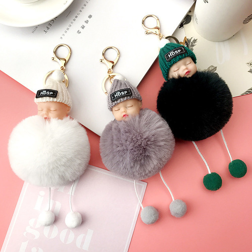 Creative anti-marten rabbit fur ball sleeping cute plush keychain pendant, adorable figure bag keychain ornament